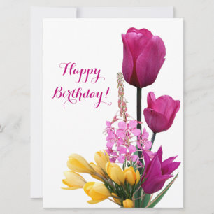 Happy Birthday pretty pink tulips yellow floral  Holiday Card