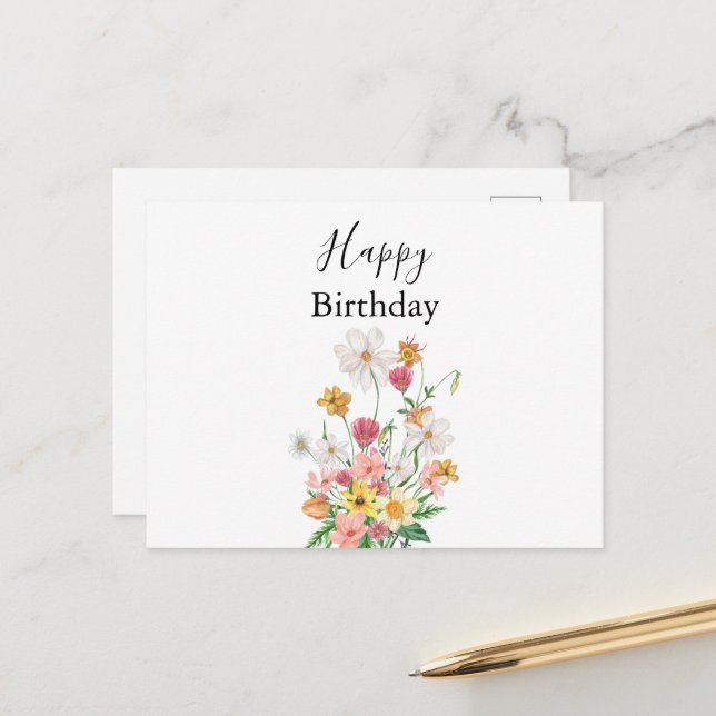 Happy Birthday Pretty Wildflowers Postcard (Front/Back In Situ)