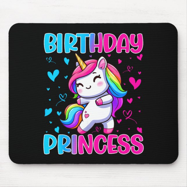 Happy Birthday Princess Unicorn Cute Rainbow Heart Mouse Pad (Front)
