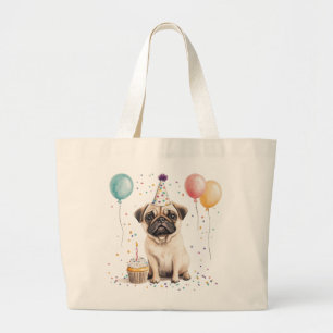 Happy Birthday Pug Dog Large Tote Bag