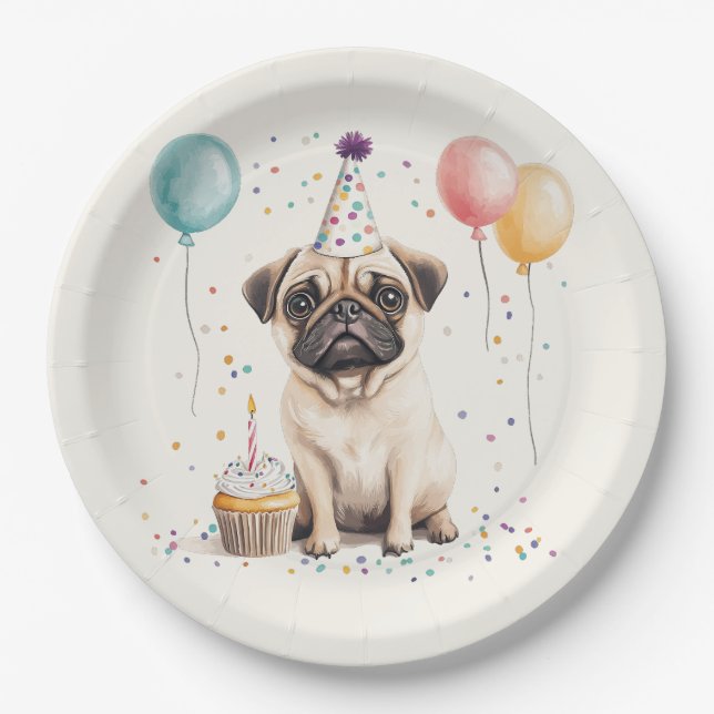 Happy Birthday Pug Dog Paper Plate (Front)