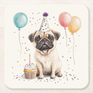 Happy Birthday Pug Dog Square Paper Coaster