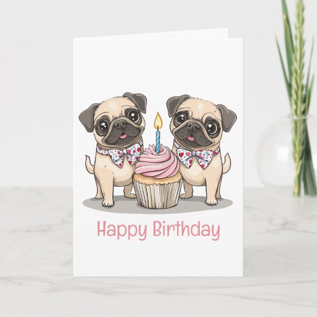 Happy Birthday Pug Dogs Cupcake Card (Front)