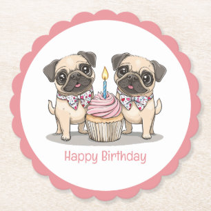 Happy Birthday Pug Dogs Cupcake Paper Coaster