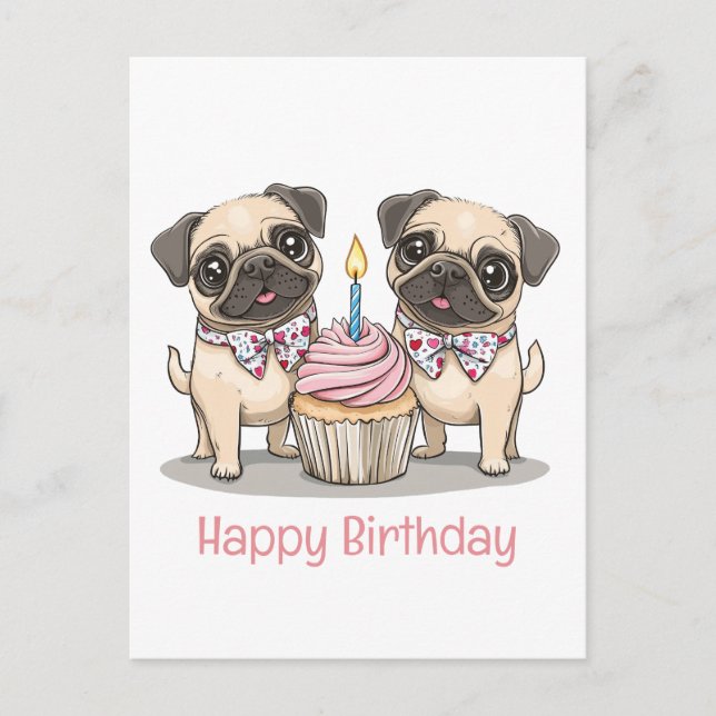 Happy Birthday Pug Dogs Cupcake Postcard (Front)