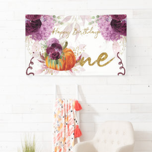 Happy Birthday Pumpkin Burgundy Flowers Banner