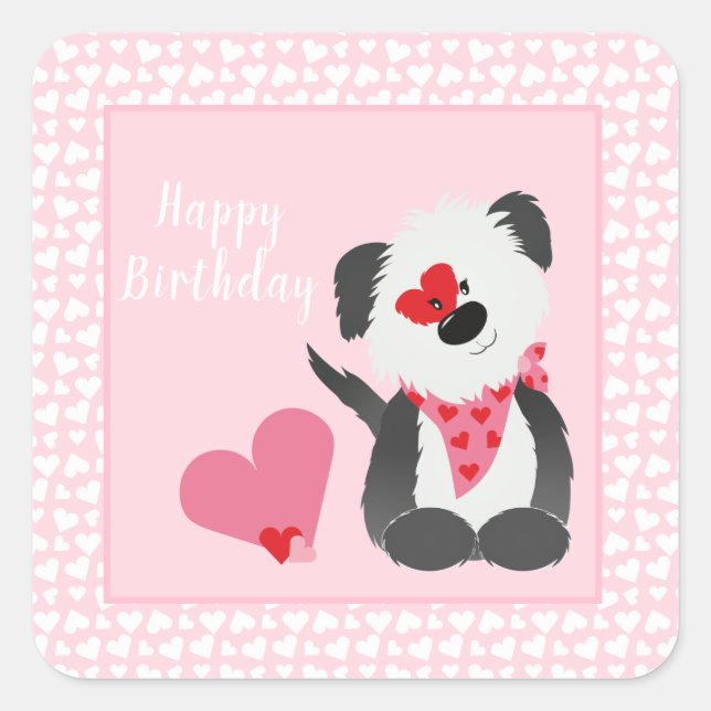 Happy Birthday Puppy Heart Pattern Pink Square Sticker (Front)