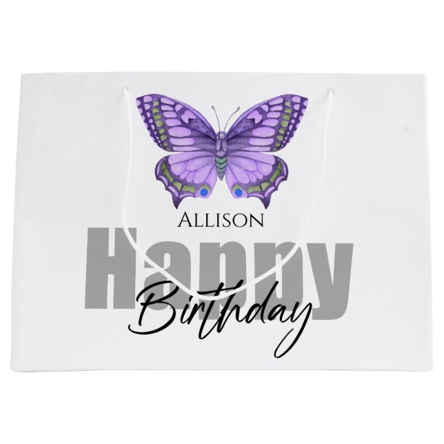 Happy Birthday Purple Butterfly Personalised Name Large Gift Bag (Front)