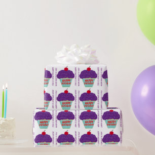 Happy Birthday Purple Frosting Cherry Cupcake Wrapping Paper
