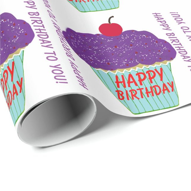 Happy Birthday Purple Frosting Cherry Cupcake Wrapping Paper (Roll Corner)