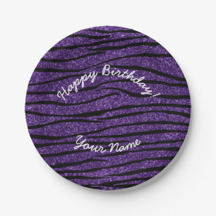 Happy Birthday purple glitter zebra stripes Paper Plate