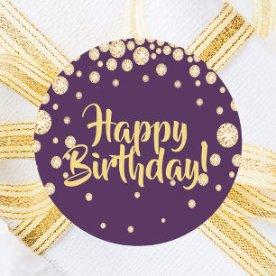 Happy Birthday purple gold diamonds Classic Round Sticker