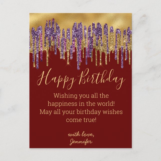 happy birthday purple gold dripping glitters red postcard (Front)