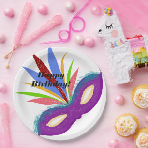 Happy Birthday Purple Masquerade Mask Paper Plate