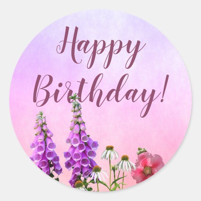 Happy Birthday purple pink florals  Classic Round Sticker (Front)