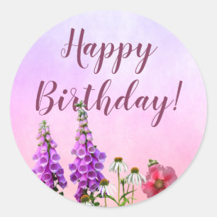 Happy Birthday purple pink florals  Classic Round Sticker