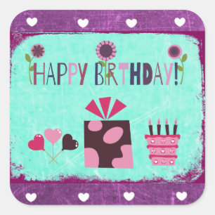 Happy Birthday Purple Teal Birthday Cake Stickers