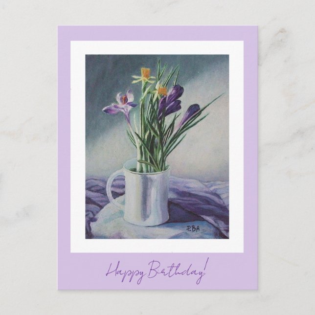 Happy birthday purple vintage flowers painting art postcard (Front)