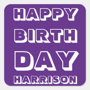 Happy Birthday purple white custom name modern  Square Sticker