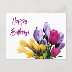Happy Birthday purple yellow pink tulip floral fun Holiday Postcard