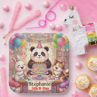 Happy Birthday Rabbit Panda Cat Cute Animals Paper Plate