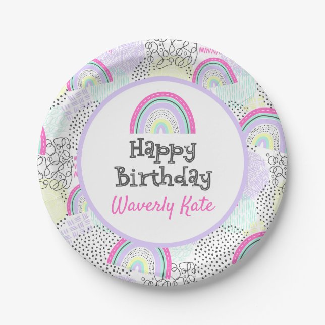 Happy Birthday Rainbow 90's Girl's Kawaii Party Paper Plate (Front)
