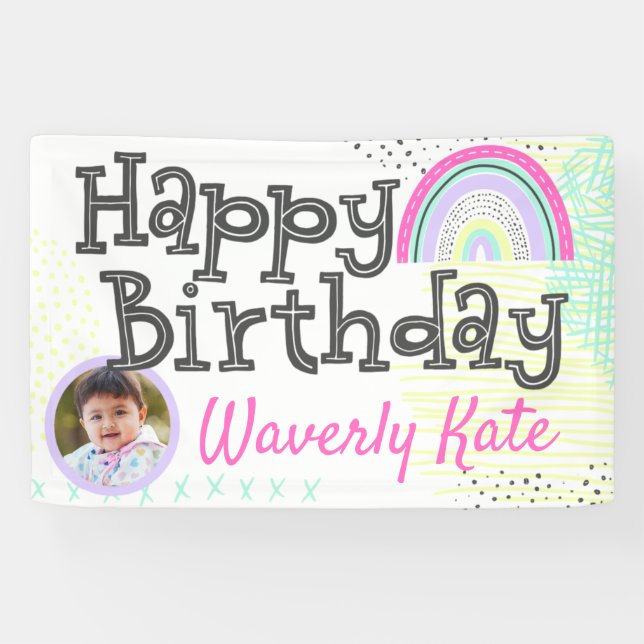 Happy Birthday Rainbow Baby Girl's Kawaii Photo Banner (Horizontal)