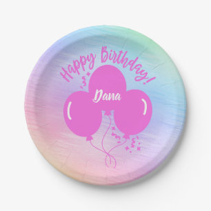Happy Birthday Rainbow Blue Balloons Personalised Paper Plate