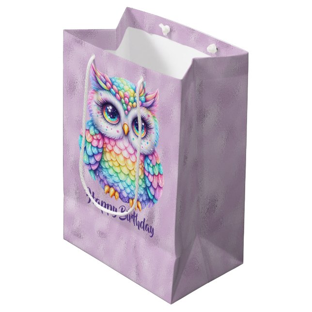 Happy Birthday Rainbow Colour Owl on Purple Medium Gift Bag (Front Angled)