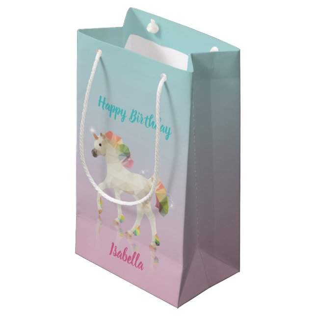 Happy Birthday Rainbow Unicorn Name Small Gift Bag (Front Angled)