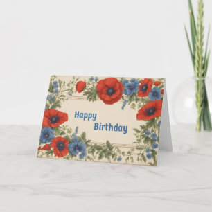 Happy Birthday Red and Blue Poppy Flowers Card