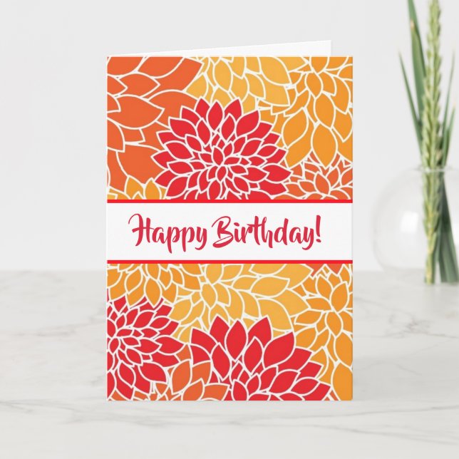 Happy Birthday Red and Orange Floral  Card (Front)
