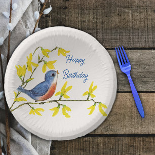 Happy Birthday Red Blue Bird Branch Pretty Flowers Paper Plate