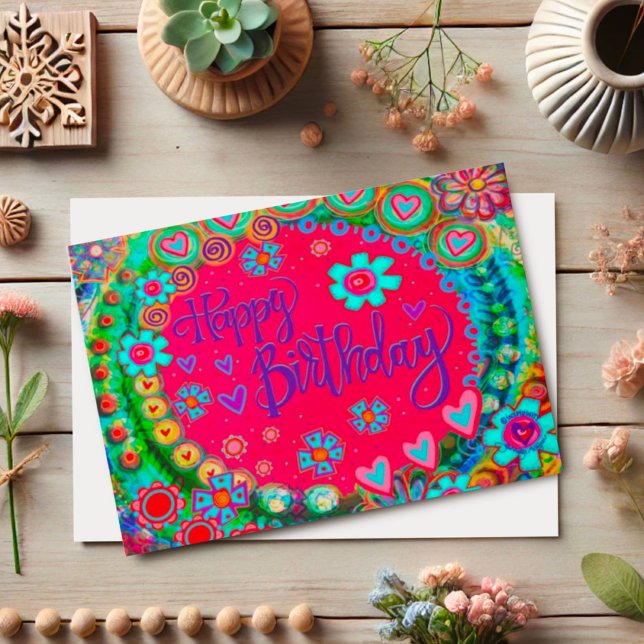 Happy Birthday Red Cheerful Fun Floral Girly Card (Creator Uploaded)