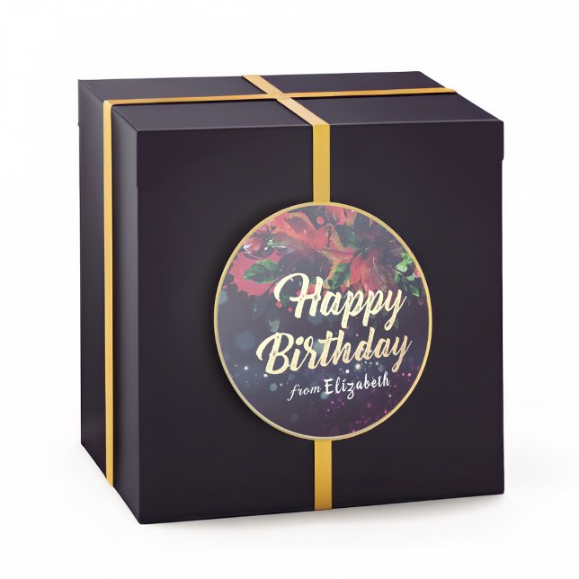 Happy Birthday Red Floral Gold Script Purple Light Classic Round Sticker (Creator Uploaded)