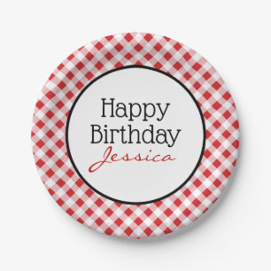 Happy Birthday Red Gingham Check Picnic Party Paper Plate