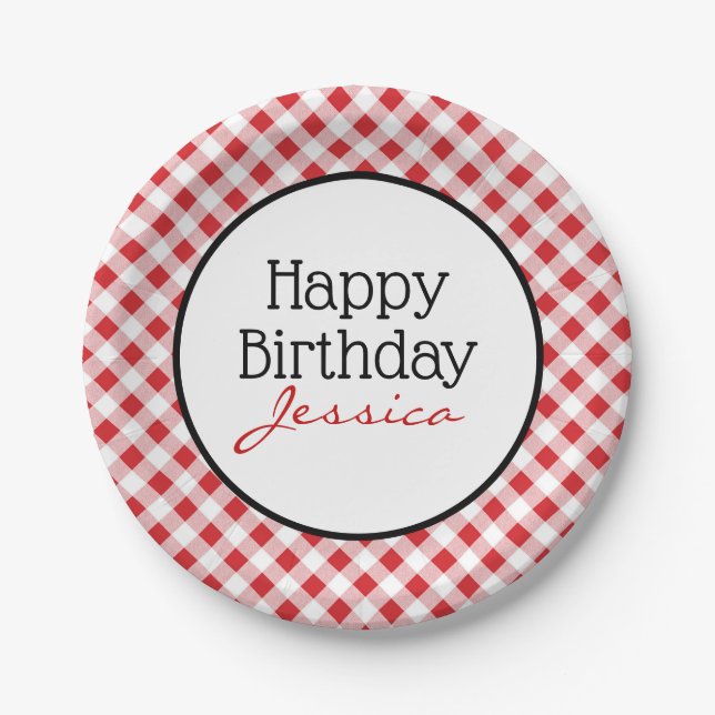 Happy Birthday Red Gingham Check Picnic Party Paper Plate (Front)