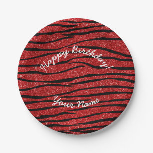 Happy Birthday red glitter zebra stripes Paper Plate