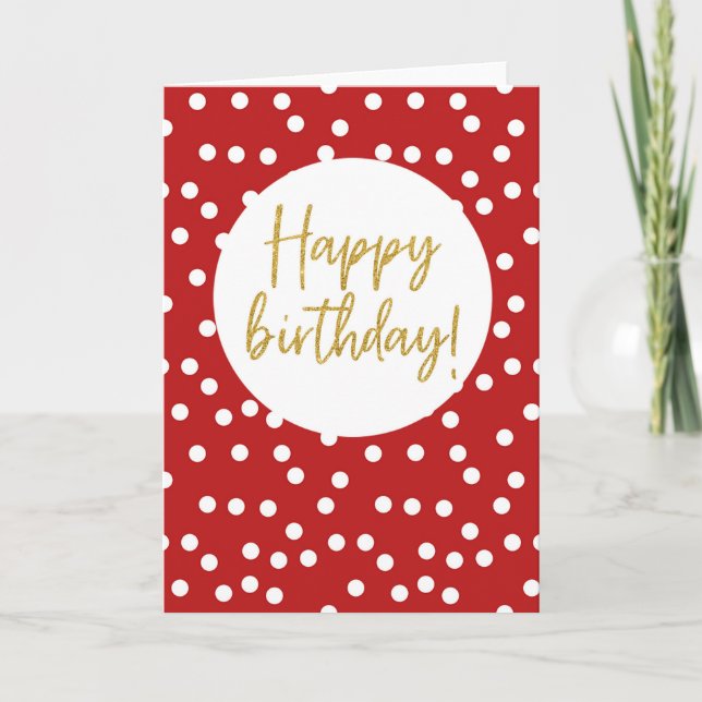 Happy Birthday Red Polkadot Gold Glitter Lettering Thank You Card (Front)