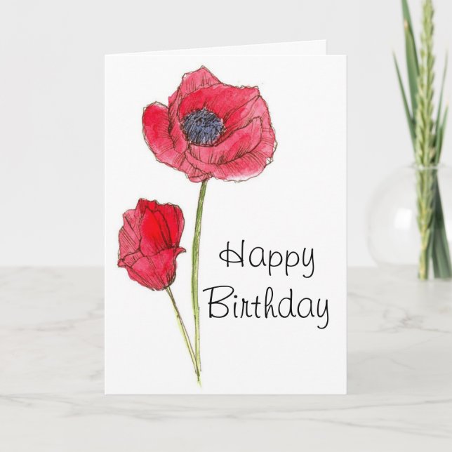 Happy Birthday Red Poppy Flower Botanical Art Card (Front)