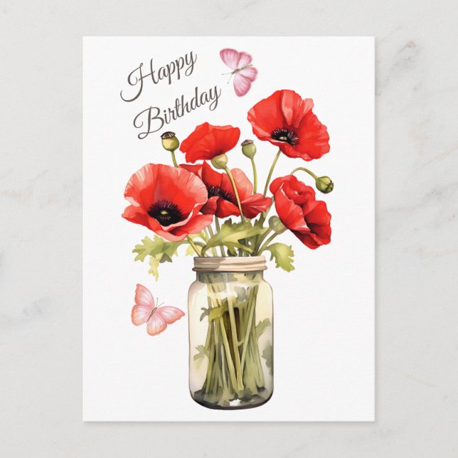 Happy Birthday Red Poppy Flowers  Postcard (Front)