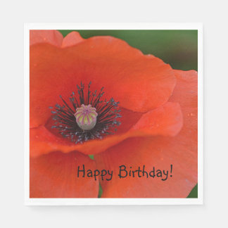 Happy Birthday Red Poppy Napkin