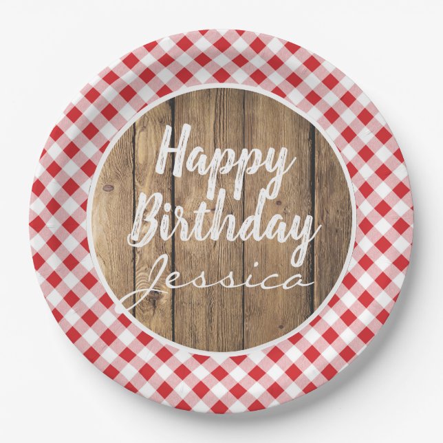 Happy Birthday Red Rustic Wood BBQ Picnic Party Paper Plate (Front)