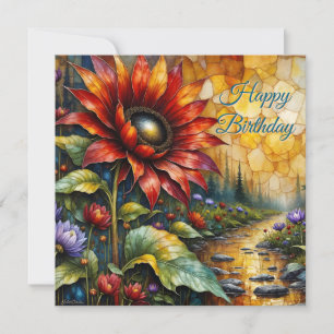 Happy Birthday Red Sunflower in valley by stream