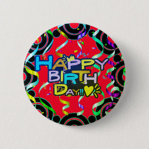 Happy Birthday Red with Confetti 6 Cm Round Badge