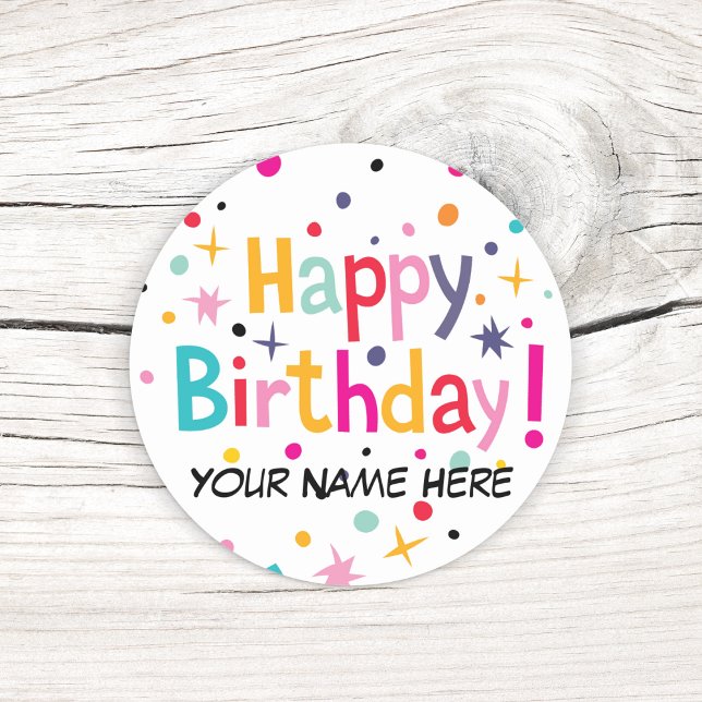 Happy Birthday Retro Customisable Classic Round Sticker (Add a name to these colorful retro birthday stickers.)