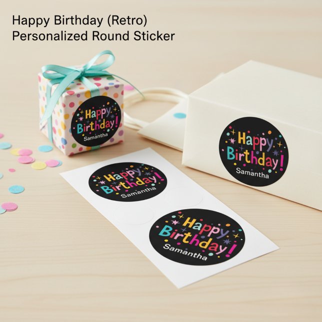 Happy Birthday (Retro) Personalised Round Sticker  (Happy Birthday (Retro) Personalized Round Sticker)