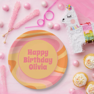 Happy Birthday Retro Vibe Abstract Swirl 60s 70s Paper Plate