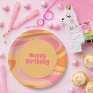 Happy Birthday Retro Vibe Abstract Swirl 60s 70s  Paper Plate