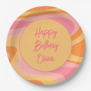 Happy Birthday Retro Vibe Abstract Swirl 60s 70s Paper Plate